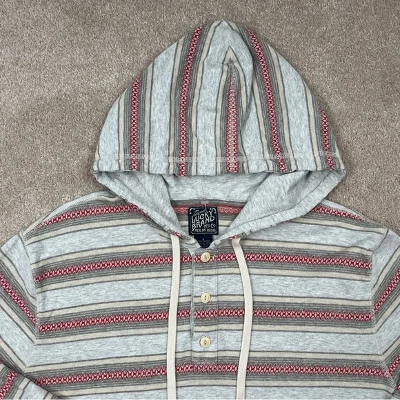 Lucky Brand Knit Wear Hoodie Large Gray & Red Stripe Pullover Casual Preppy Men - Picture 3 of 15